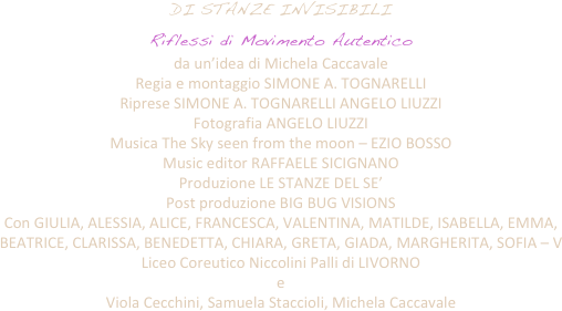 DI STANZE INVISIBILI 

Riflessi di Movimento Autentico
da un’idea di Michela Caccavale
Regia e montaggio SIMONE A. TOGNARELLI
Riprese SIMONE A. TOGNARELLI ANGELO LIUZZI
Fotografia ANGELO LIUZZI
Musica The Sky seen from the moon – EZIO BOSSO
Music editor RAFFAELE SICIGNANO
Produzione LE STANZE DEL SE’
Post produzione BIG BUG VISIONS
Con GIULIA, ALESSIA, ALICE, FRANCESCA, VALENTINA, MATILDE, ISABELLA, EMMA, BEATRICE, CLARISSA, BENEDETTA, CHIARA, GRETA, GIADA, MARGHERITA, SOFIA – V Liceo Coreutico Niccolini Palli di LIVORNO
e
Viola Cecchini, Samuela Staccioli, Michela Caccavale
